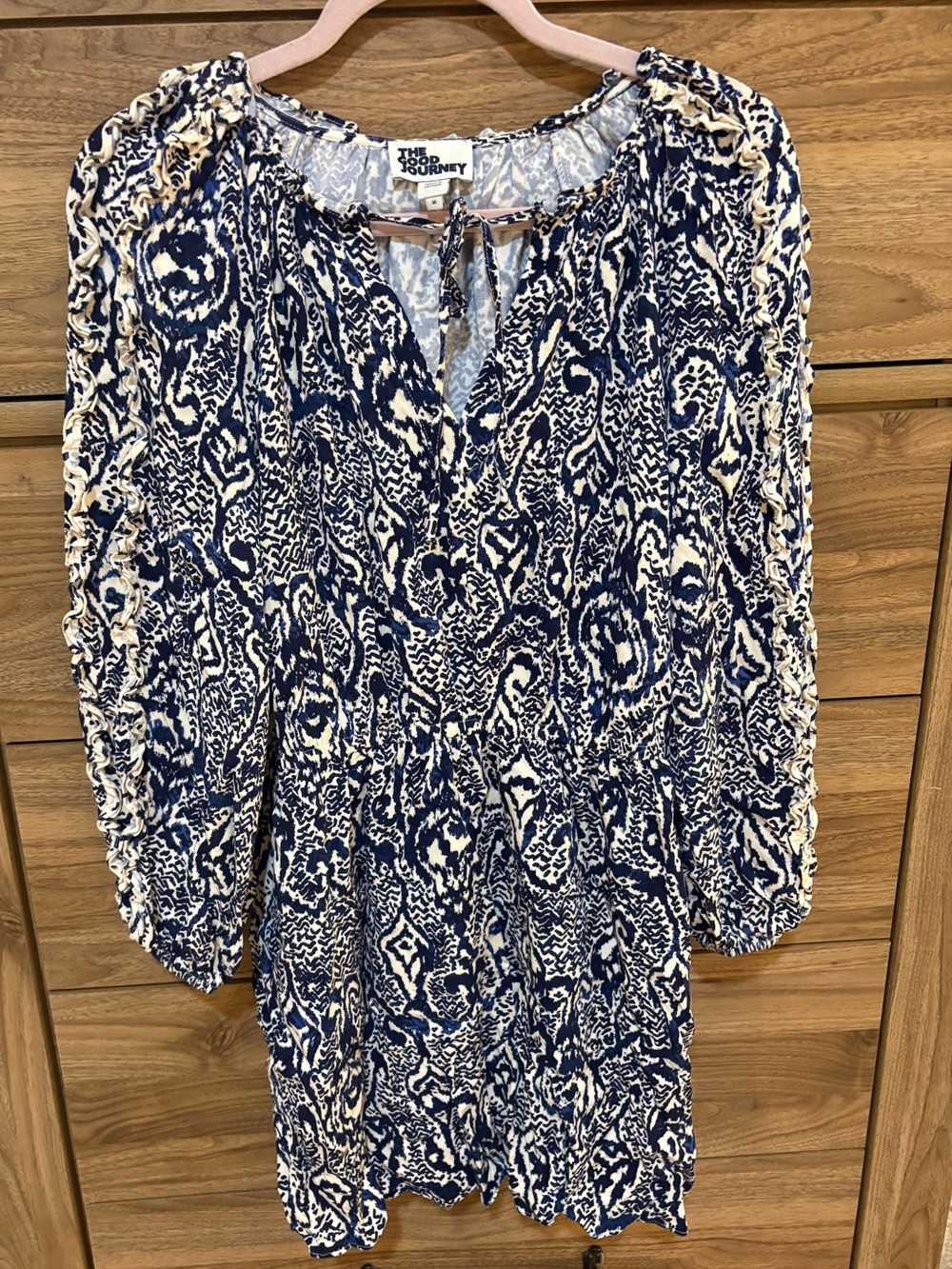 Navy and White Printed Long-Sleeve Women’s Dress